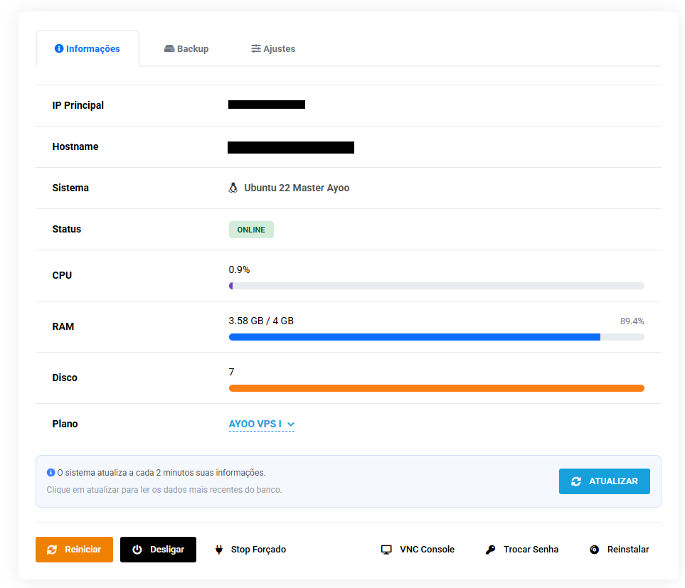 Painel AyooCloud com controles da VPS